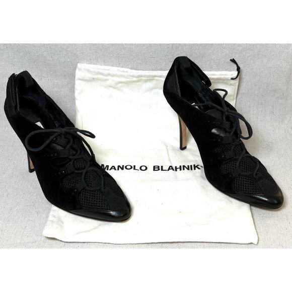 Manolo Blahnik Black Suede Lace Up Shoe Boot Heel sz US 6.5 Y2K W/ Dust Bag - Picture 4 of 6